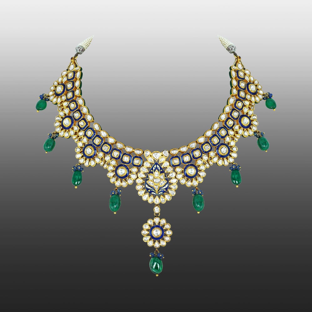 Blue Enamel Polki Necklace with Floral Pendant and Emerald Drops